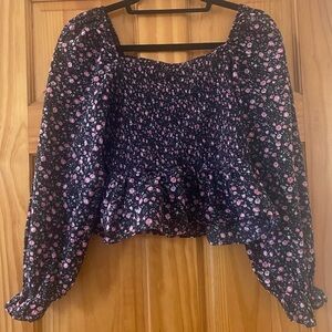 Dizzy Lizzy Smocked Floral Peplum Crop Top Puff Sleeve Boho Black Pink Size L